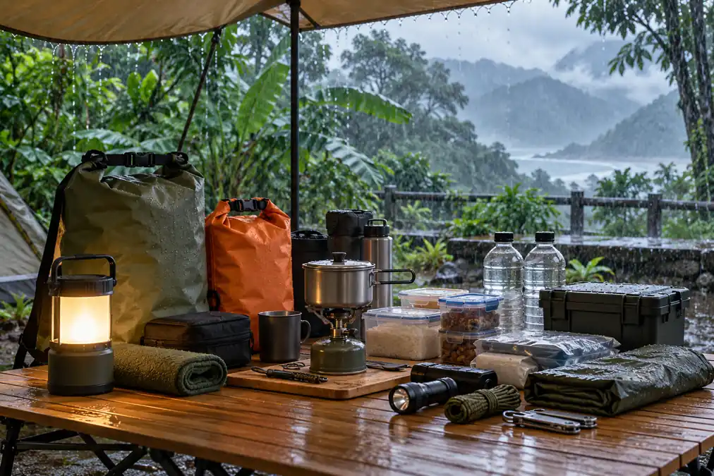 颱風季居家到露營備援採買清單：照明、防水、簡易炊煮與收納的情境示意圖
