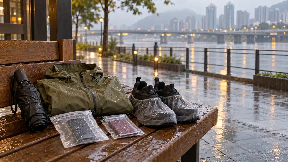 首爾釜山下雨旅行裝備:摺疊傘、防水外套、鞋套與防水收納袋