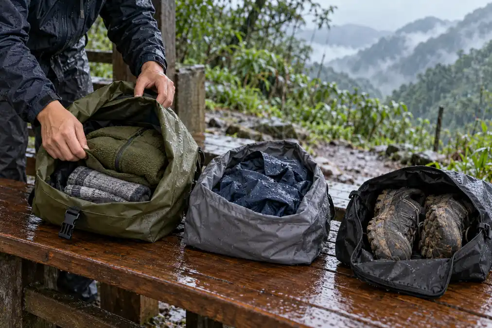 雨季登山濕乾衣物分層收納:防水袋、壓縮袋、鞋袋與回家清潔指南