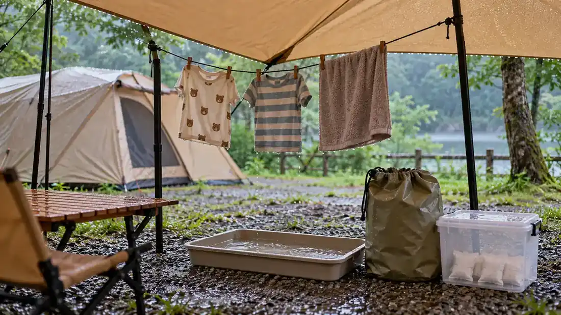 親子雨天露營晾衣角配置:曬衣繩、夾子、除濕袋與濕衣袋怎麼買