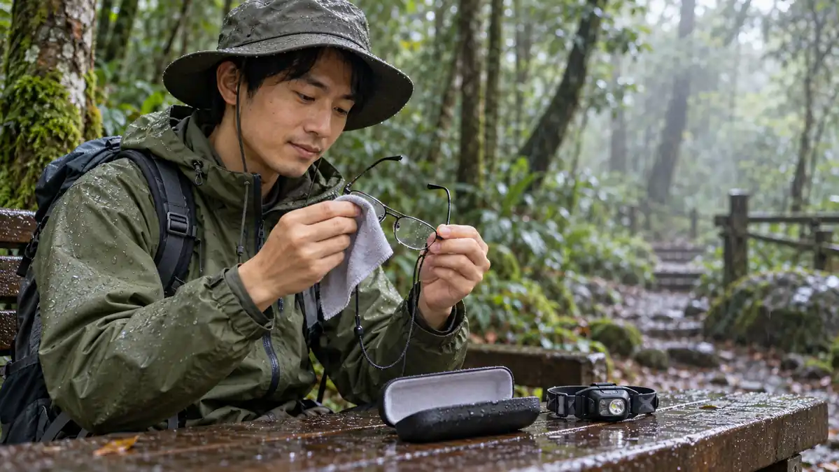 雨天郊山眼鏡起霧與視線保護指南:防霧布、帽簷、鏡盒怎麼配