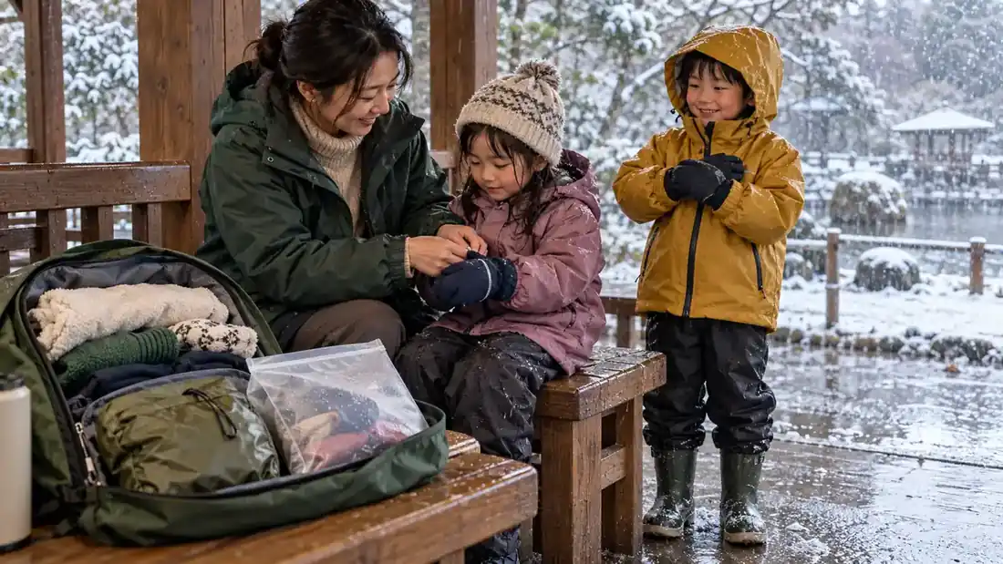 日本親子自由行雨雪備品清單:孩子替換衣、雨具與濕物收納