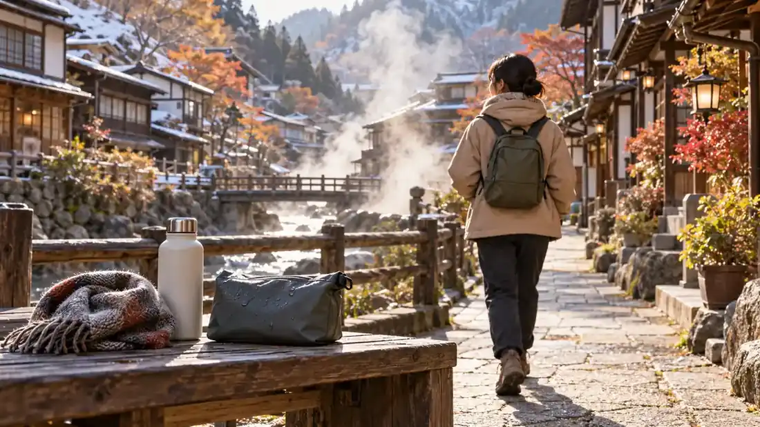 日本溫泉旅館與小鎮散步:小背包、保暖與濕物分開收