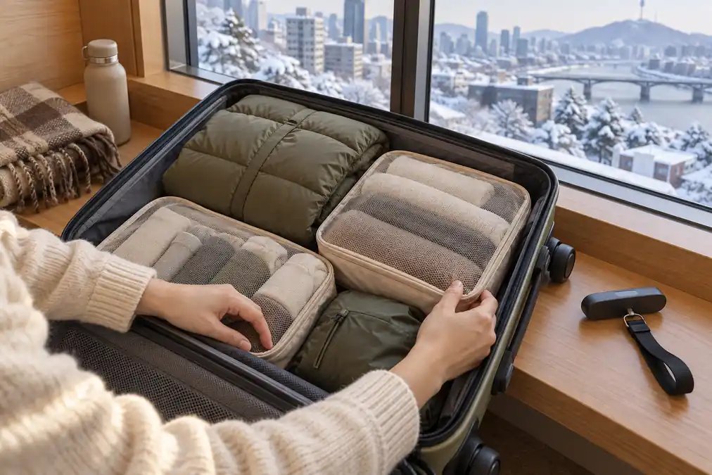廉航 7 公斤去日韓冬旅怎麼帶:壓縮袋、電子秤、輕量外套與折疊包