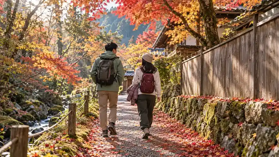 京都奈良賞楓穿搭與散步的情境示意圖