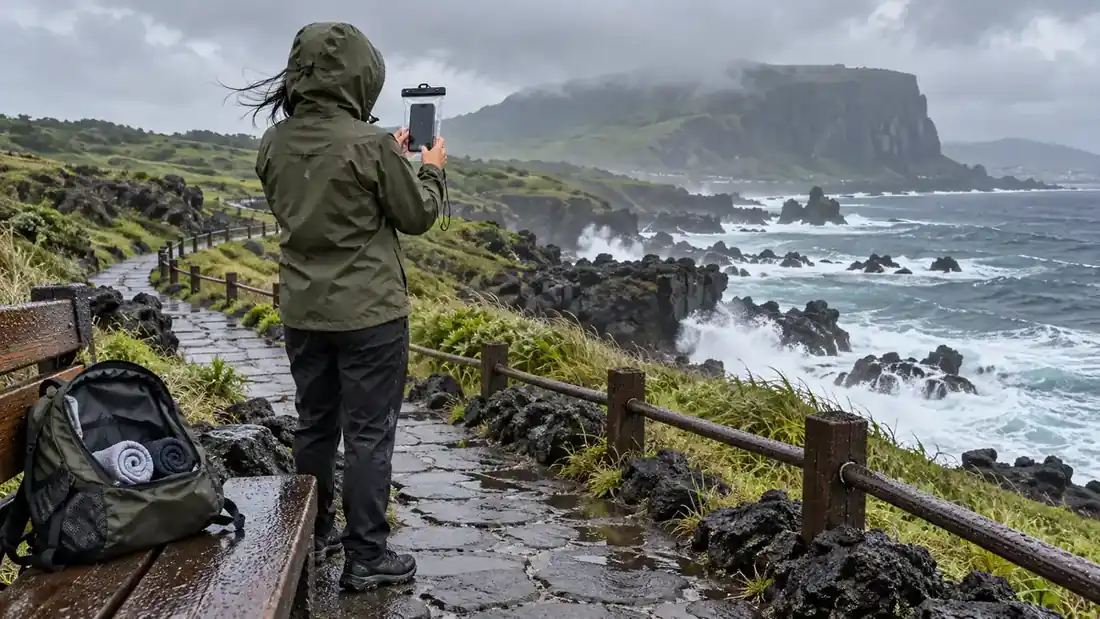 濟州島海邊風雨旅行:防風外套、防水手機袋與鞋襪備援